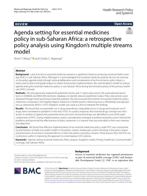 Agenda setting for essential medicines policy in sub-Saharan Africa: a retrospective policy analysis using Kingdon’s multiple streams model