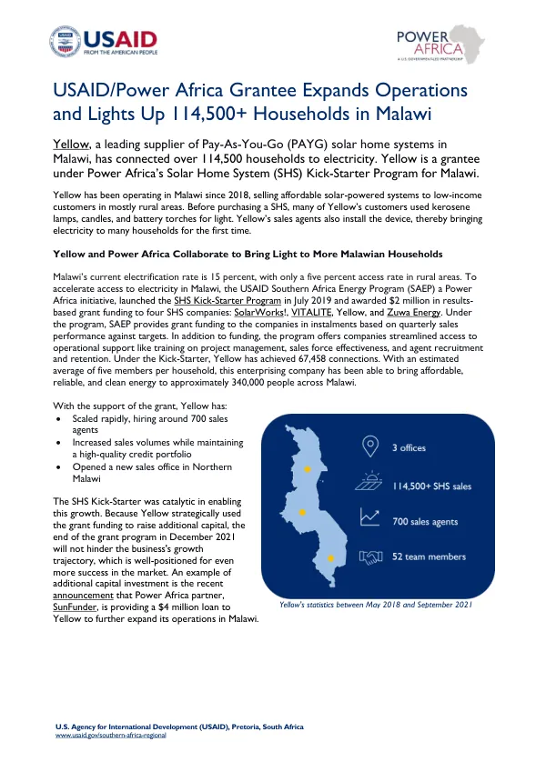 USAID/Power Africa Grantee Expands Operations and Lights Up 114,500+ Households in Malawi