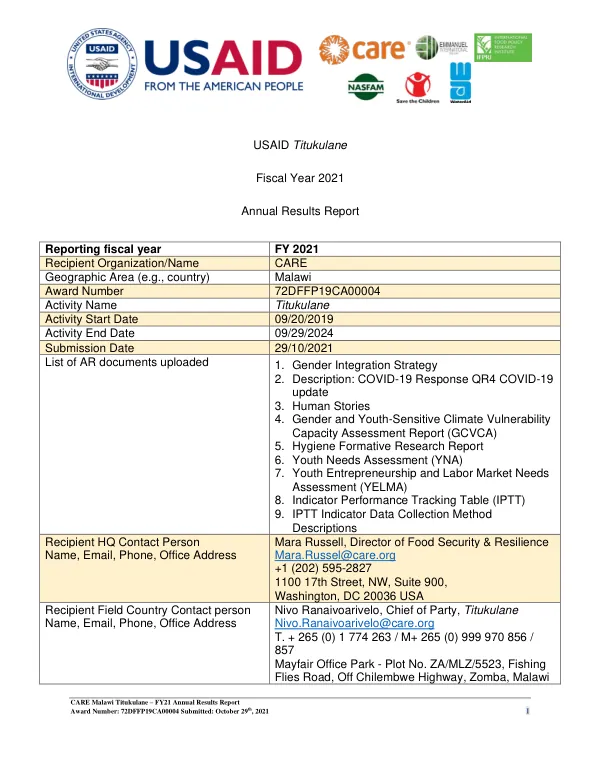 CARE Malawi Titukulane – FY21 Annual Results Report