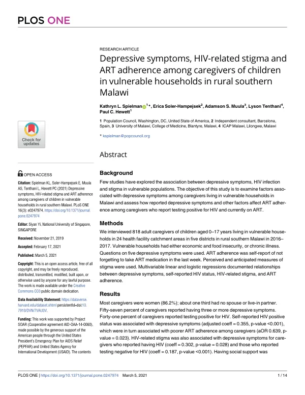 Depressive symptoms, HIV-related stigma and ART adherence among caregivers of children in vulnerable households in rural southern Malawi