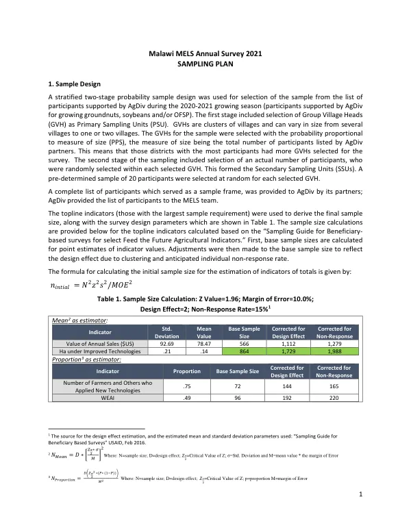 MELS Annual Survey Sampling Plan 2021