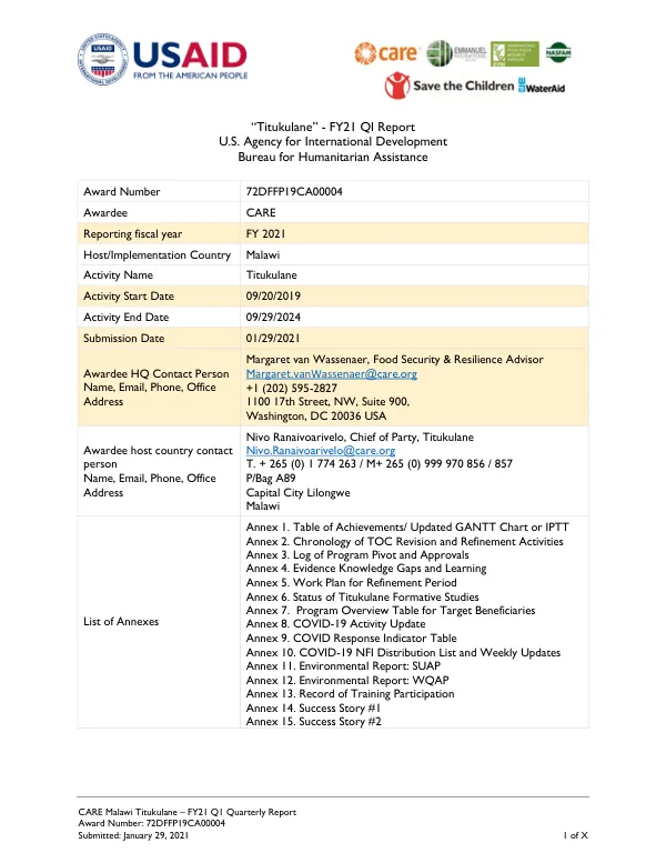 CARE Malawi Titukulane – FY21 Q1 Quarterly Report