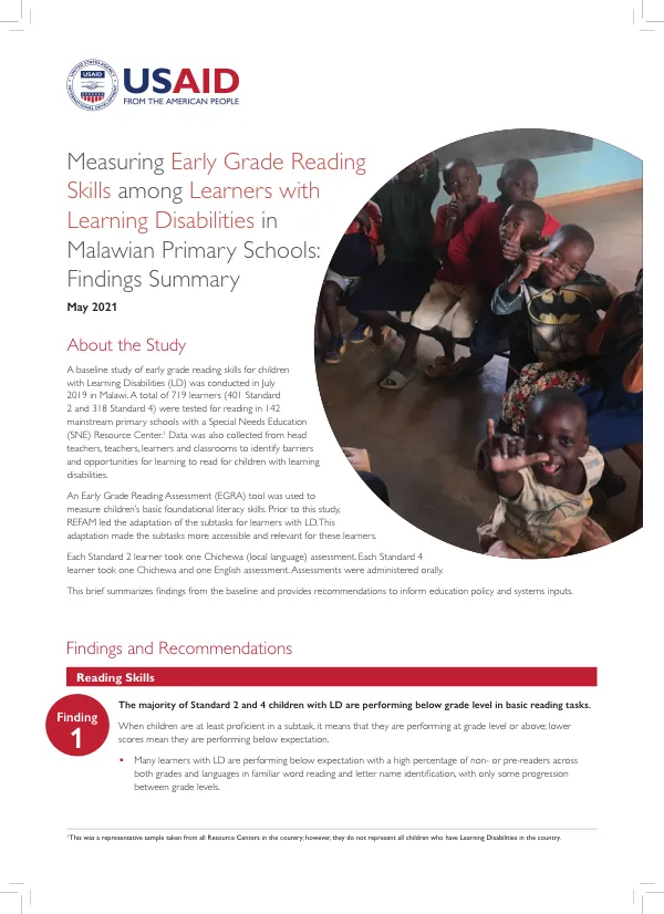 Measuring Early Grade Reading Skills among Learners with Learning Disabilities in Malawian Primary Schools: Findings Summary