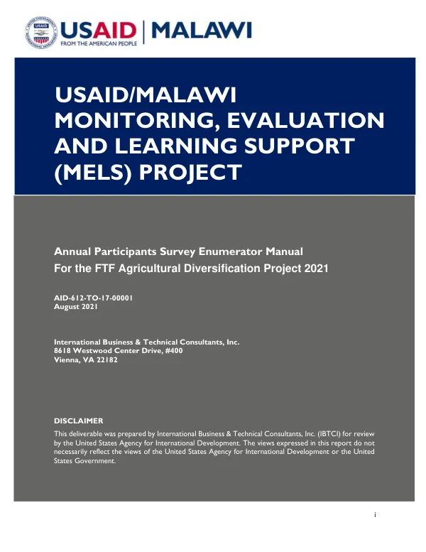 Annual Participants Survey Enumerator Manual For the FTF Agricultural Diversification Project 2021