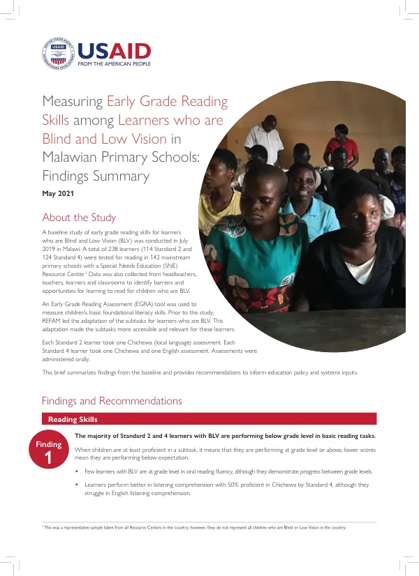 Measuring Early Grade Reading Skills among Learners who are Blind and Low Vision in Malawian Primary Schools: Findings Summary