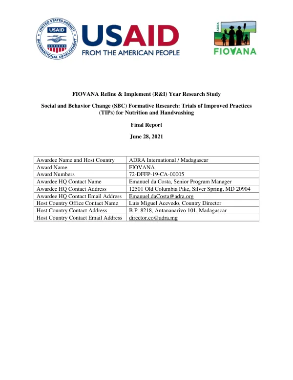 Final Report: Social and Behavior Change (SBC) Formative Research: Trials of Improved Practices (TIPs) for Nutrition and Handwashing
