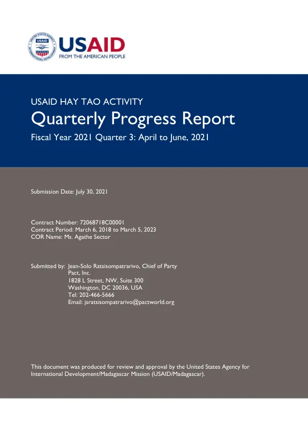 Quarterly Progress Report Fiscal Year 2021 Quarter 3: April to June, 2021