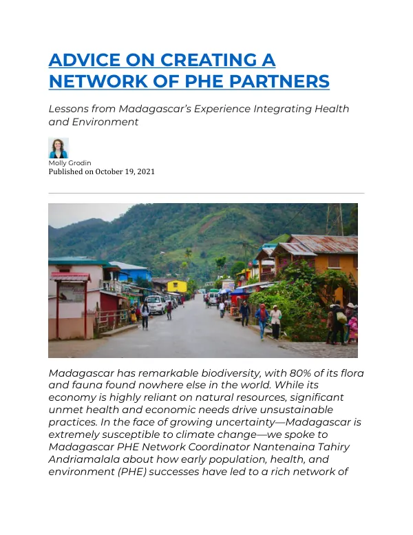 ADVICE ON CREATING A NETWORK OF PHE PARTNERS Lessons from Madagascar’s Experience Integrating Health and Environment