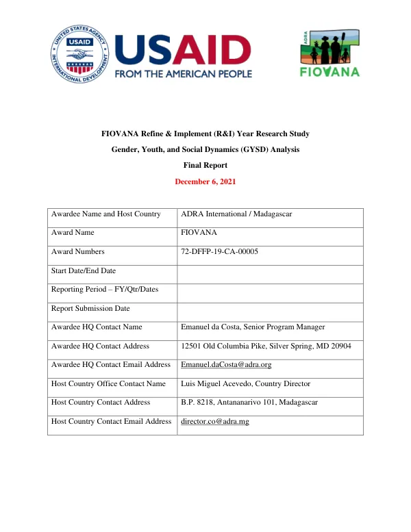 Quarterly Report FIOVANA Refine & Implement (R&I) Year Gender, Youth, and Social Dynamics (GYSD) Analysis Final Report