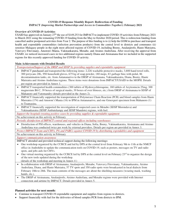 COVID-19 Response Monthly Report: Redirection of Funding IMPACT Monthly Covid-19 Report