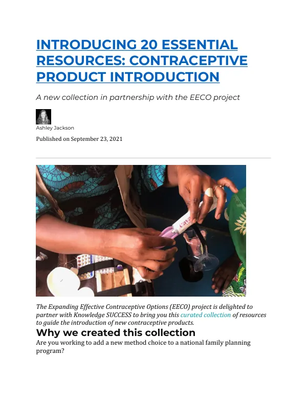 20 Essential Resources: Contraceptive Product Introduction
