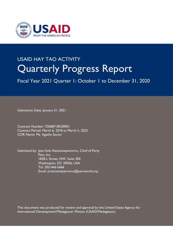Quarterly Progress Report Fiscal Year 2021 Quarter 1: October 1 to December 31, 2020