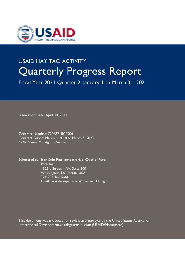 Quarterly Progress Report Fiscal Year 2021 Quarter 2: January 1 to March 31, 2021