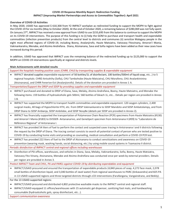 COVID-19 Response Monthly Report: Redirection Funding IMPACT (Improving Market Partnerships and Access to Commodities Together): April 2021