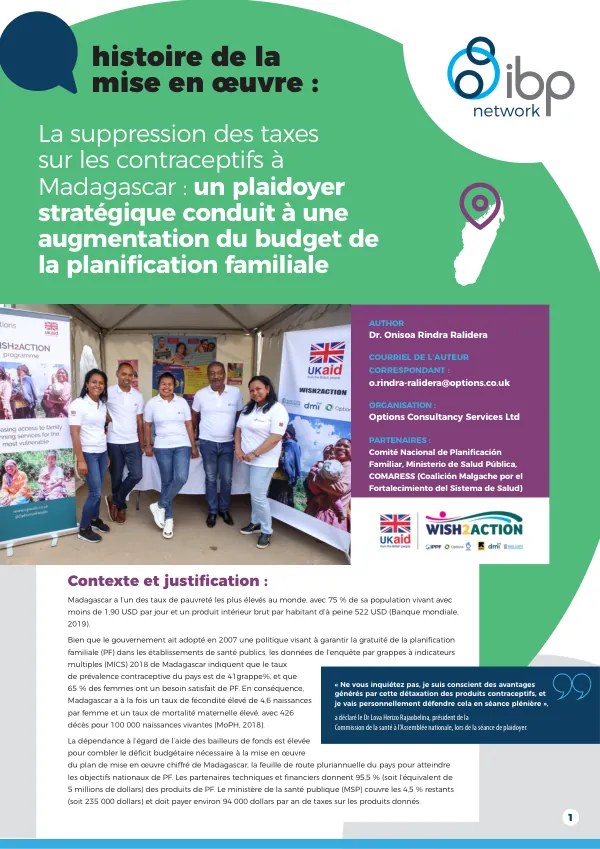 La suppression des taxes sur les contraceptifs à Madagascar : un plaidoyer stratégique conduit à une augmentation du budget de la planification familiale