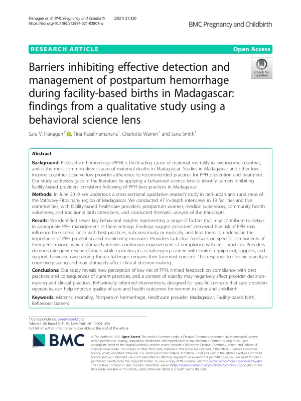 Barriers inhibiting effective detection and management of postpartum hemorrhage during facility-based births in Madagascar: findings from a qualitative study using a behavioral science lens
