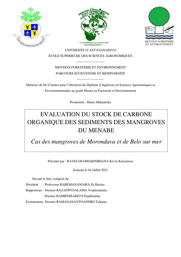 Evaluation du stock de carbone organique des sédiments des mangroves du Morondava