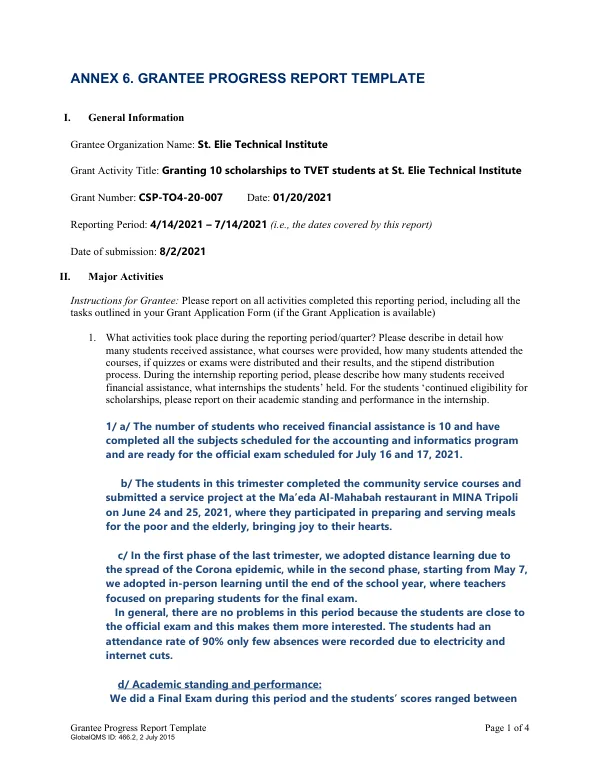 Grantee Progress Report Template