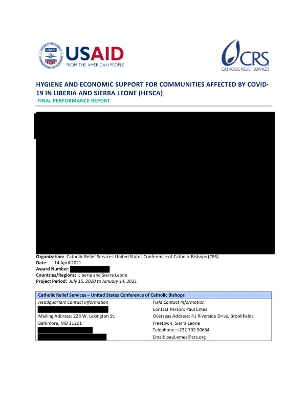 Hygiene and Economic Support for Communities Affected by COVID-19 in Liberia and Sierra Leone (HESCA) Final Performance Report
