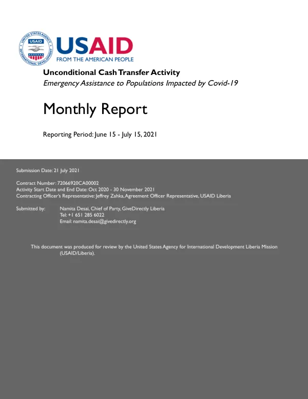 USAID Monthly Report: Unconditional Cash Transfer Activity Emergency Assistance to Populations Impacted by Covid-19