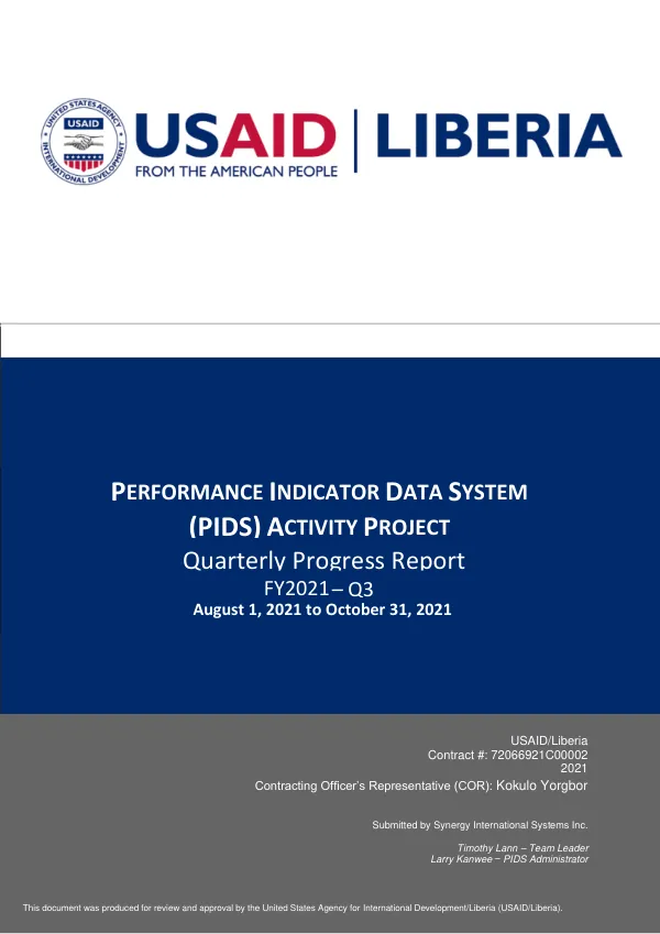 Quarterly Progress Report FY2021 Q3: Performance Indicator Data System (PIDS) Activity Project (PAP)