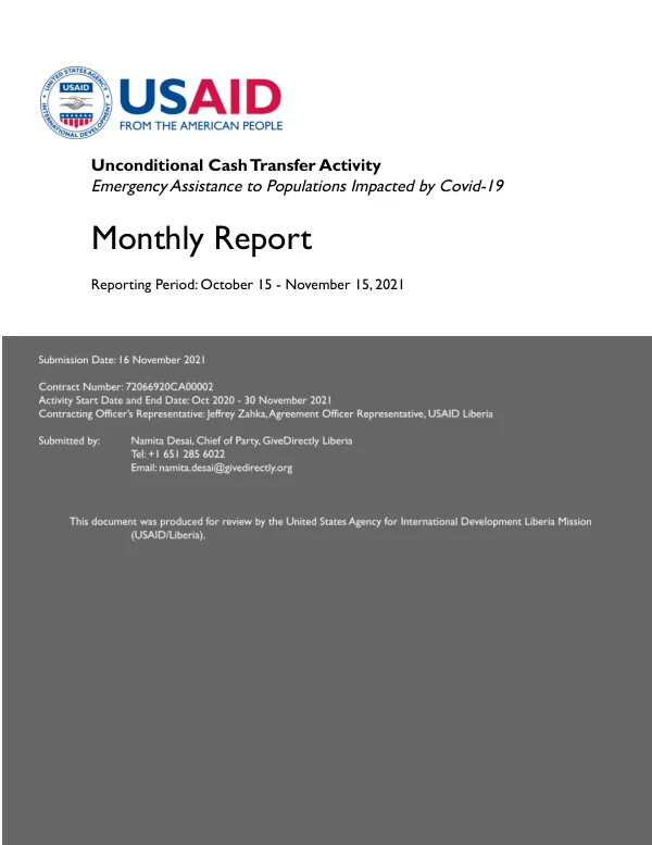 Unconditional Cash Transfer Activity Emergency Assistance to Populations Impacted by Covid-19 Monthly Report