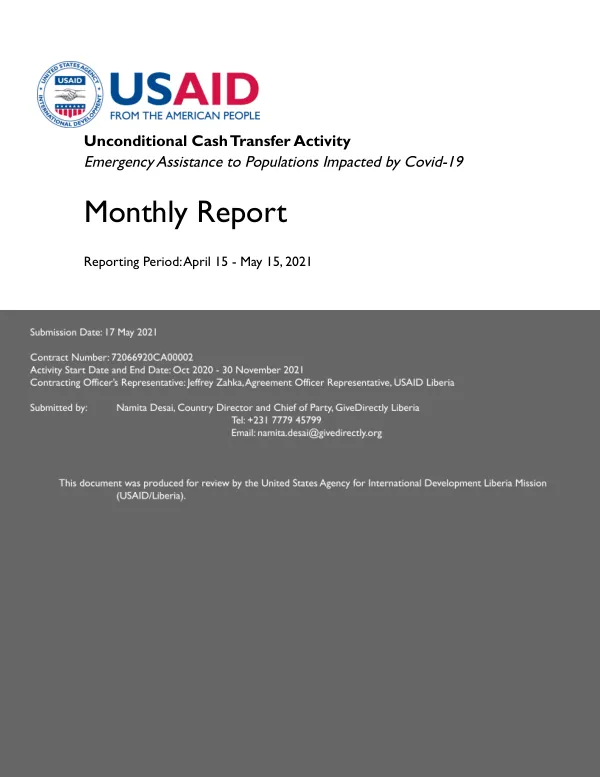 USAID GIVEDIRECTLY I MAY MONTHLY PROGRESS REPORT