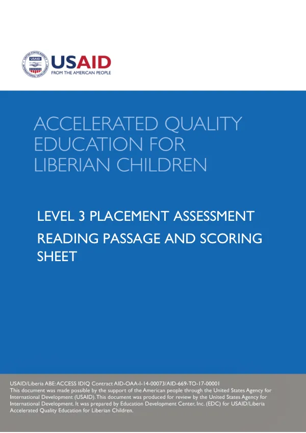 Level 3 Placement Assessment: Reading Passage and Scoring Sheet for Accelerated Quality Education for Liberian Children