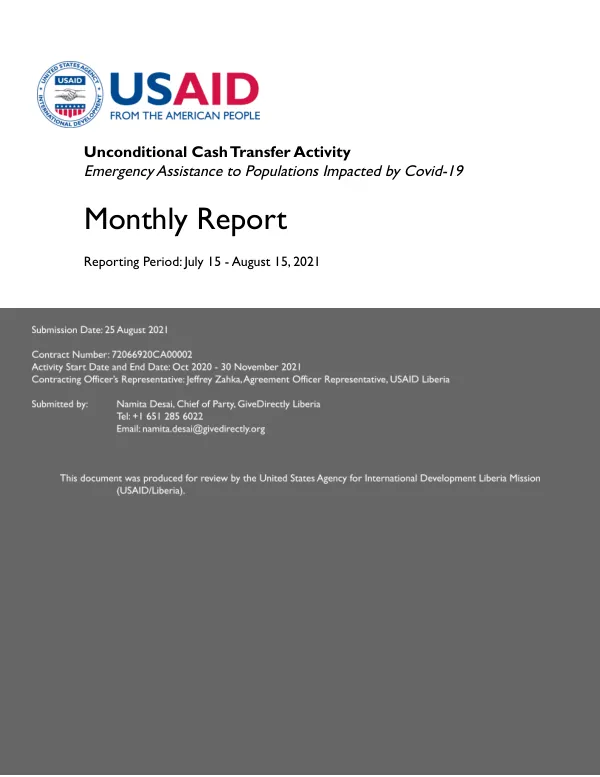 USAID Monthly Report_GiveDirectly UCT COVID_August 2021
