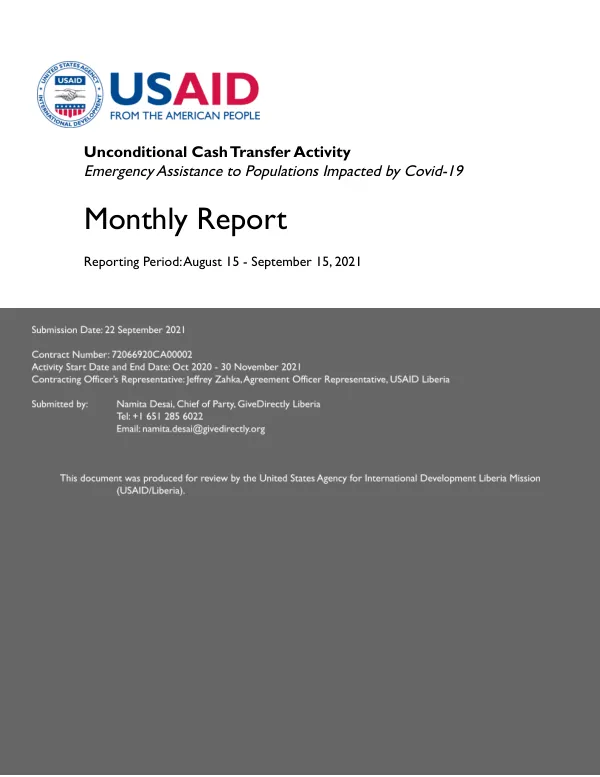 USAID Monthly Report: GiveDirectly UCT COVID September 2021