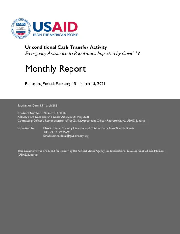 Unconditional Cash Transfer Activity Emergency Assistance to Populations Impacted by Covid-19 Monthly Report