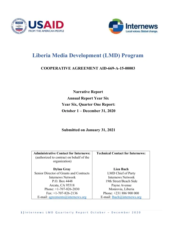 Liberia Media Development (LMD) Program Quarterly Report Cost Extension FY21_Q1