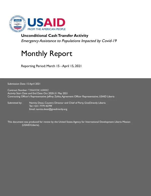 USAID GIVEDIRECTLY I APRIL MONTHLY PROGRESS REPORT