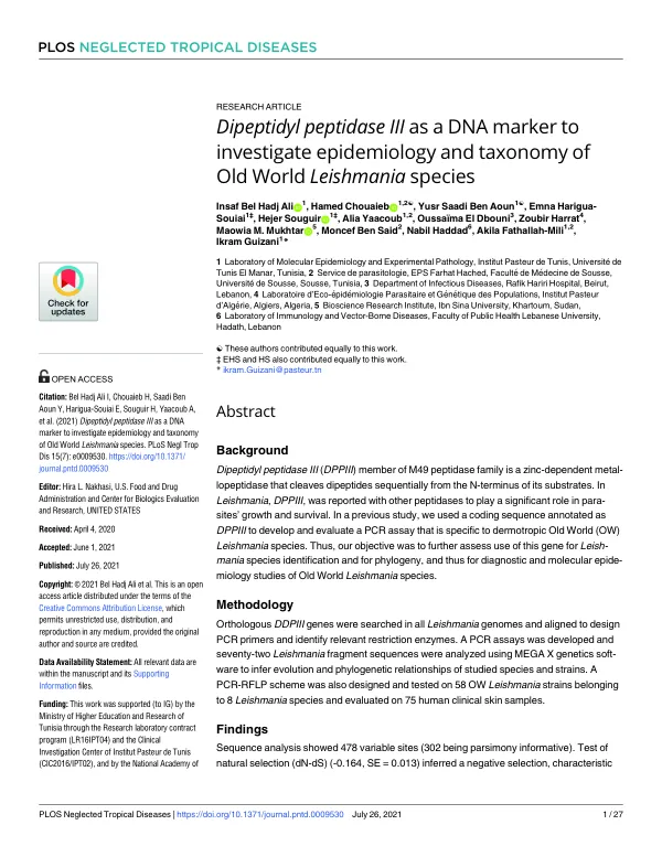 Dipeptidyl peptidase III as a DNA marker to investigate epidemiology and taxonomy of Old World Leishmania species