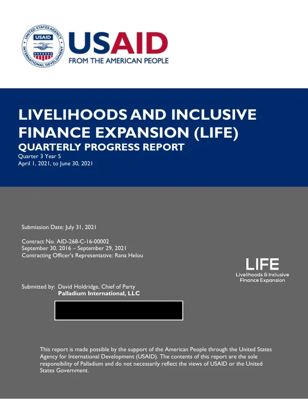 Livelihoods and Inclusive Finance Expansion (LIFE) Quarterly Progress Report