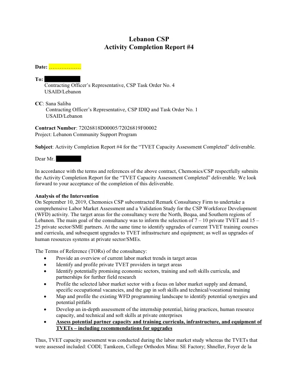 Activity Completion Report #4 for the “TVET Capacity Assessment Completed” deliverable