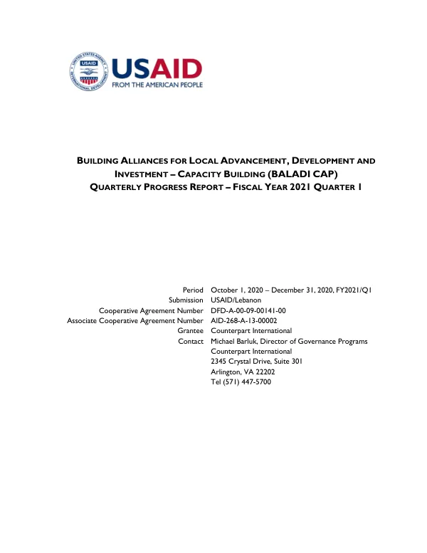 Building Alliances for Local Advancement, Development and Investment – Capacity Building (BALADI CAP) Quarterly Progress Report – Fiscal Year 2021 Quarter 1