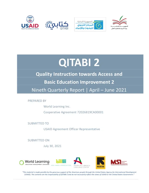 Quality Instruction towards Access and Basic Education Improvement 2 (QITABI 2) Nineth Quarterly Report | April – June 2021