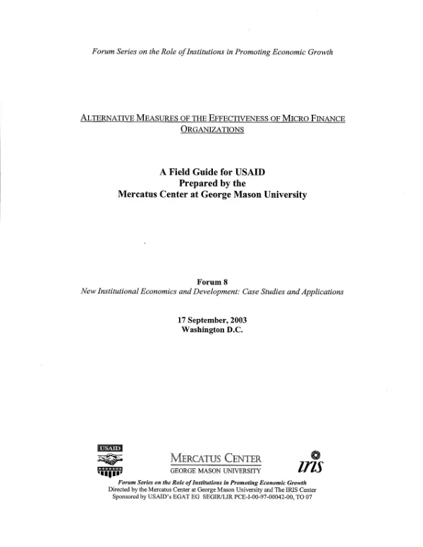 Alternative measures of the effectiveness of micro finance organizations : a field guide for USAID