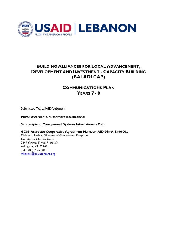 Building Alliances for Local Advancement, Development and Investment - Capacity Building (BALADI CAP) Communications Plan