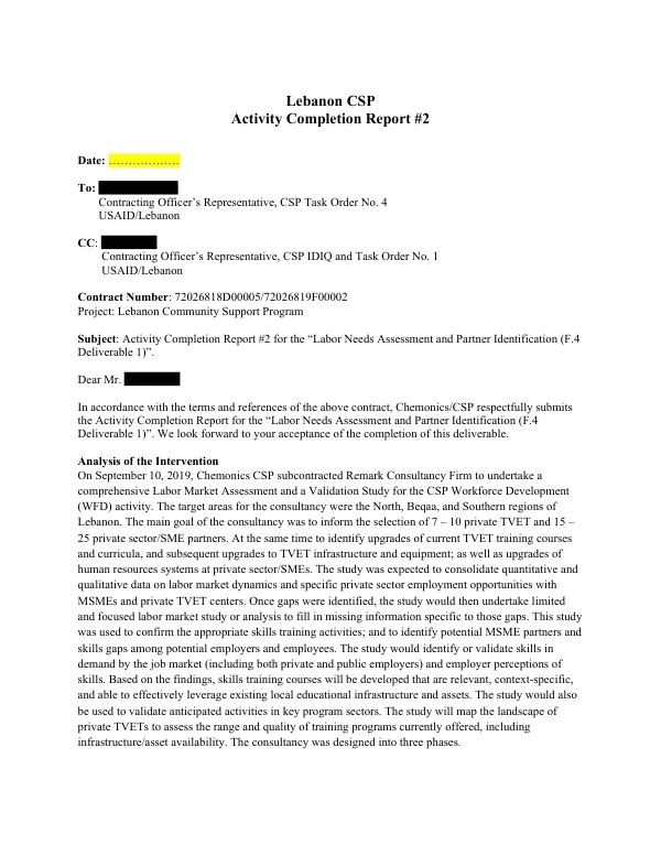 Activity Completion Report #2 for the Labor Needs Assessment and Partner Identification (F.4 Deliverable 1)