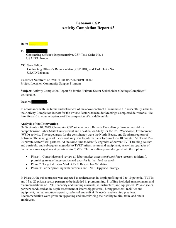 Activity Completion Report #3 for the Private Sector Stakeholder Meetings Completed deliverable