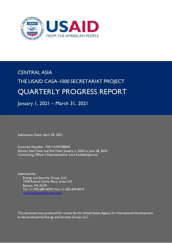The USAID CASA-1000 Secretariat Project – Quarterly Performance Report