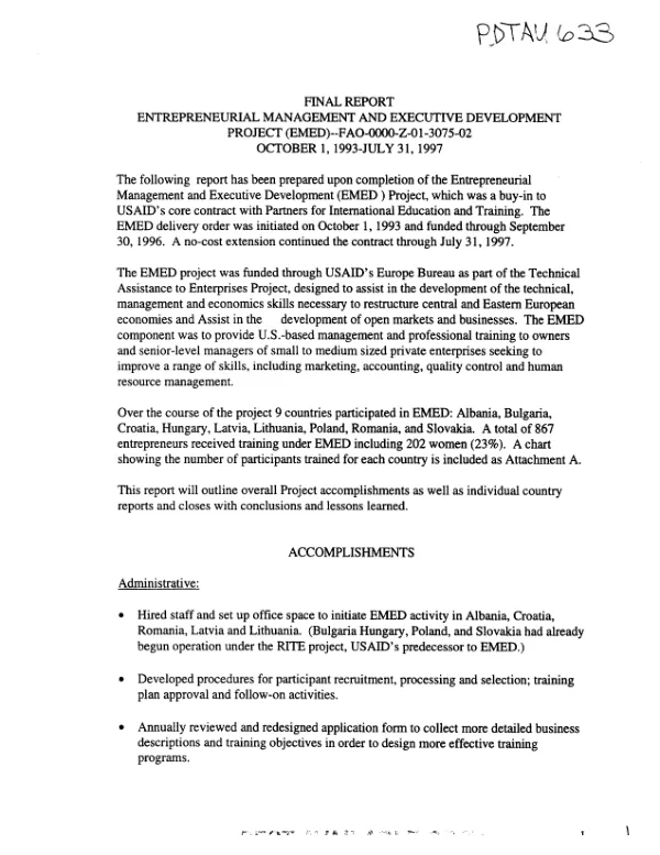 Final report : entrepreneurial management and executive development project (EMED) -- FAO-0000-Z-01-3075-02 : October 1, 1993-July 31, 1997