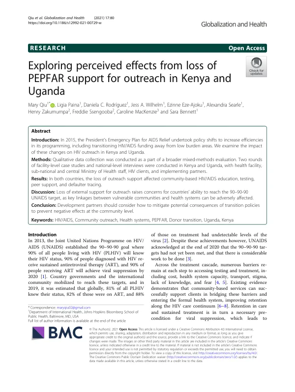 Exploring perceived effects from loss of PEPFAR support for outreach in Kenya and Uganda