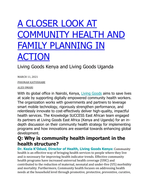 A CLOSER LOOK AT COMMUNITY HEALTH AND FAMILY PLANNING IN ACTION