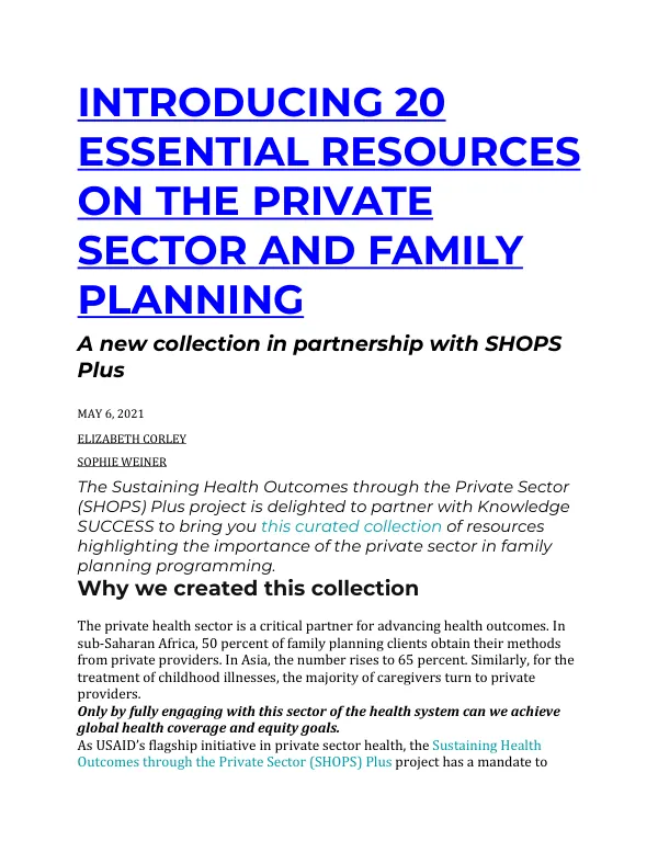 20 Essential Resources on the Private Sector and Family Planning