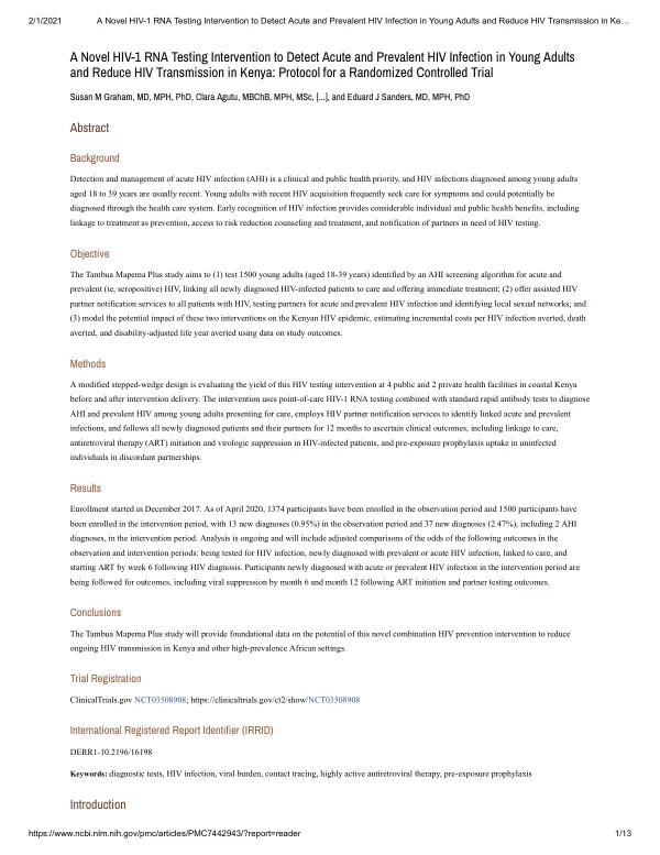 A Novel HIV-1 RNA Testing Intervention to Detect Acute and Prevalent HIV Infection in Young Adults and Reduce HIV Transmission in Kenya: Protocol for a Randomized Controlled Trial
