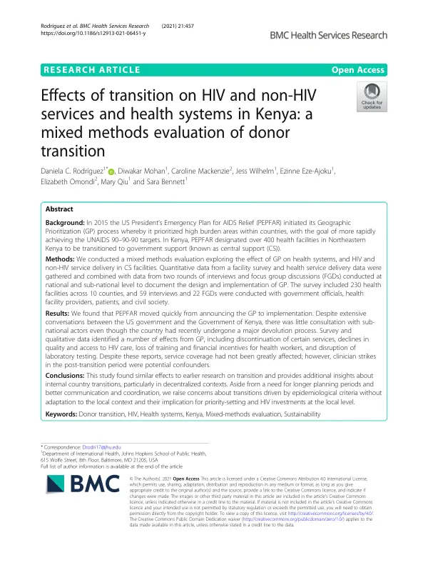 Effects of transition on HIV and non-HIV services and health systems in Kenya: a mixed methods evaluation of donor transition