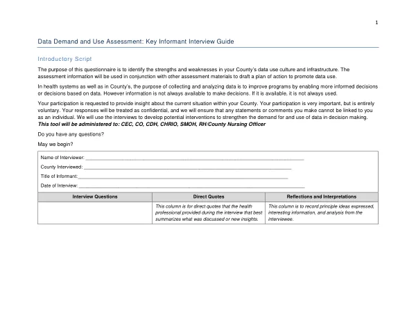 Data Demand and Use Assessment: Key Informant Interview Guide